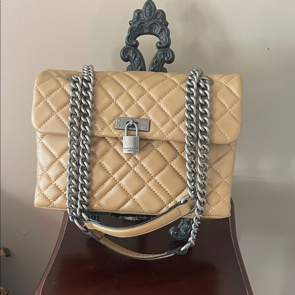 Kurt Geiger The Brixton Quilted Tan Leather Bag with Chain Straps